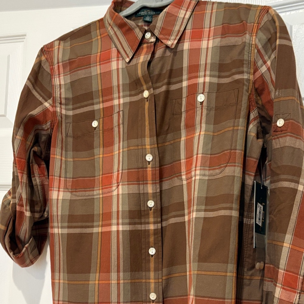 Eddie Bauer Men's Plaid Shirt - Brown and Orange